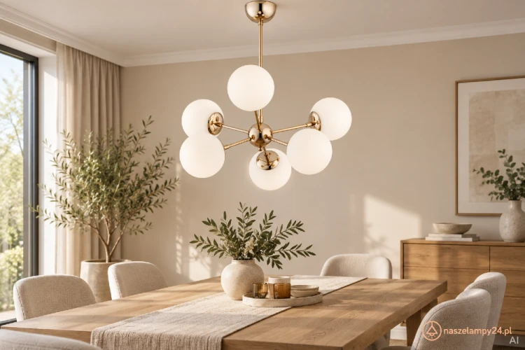SANDY 63097 marki Alfa to lampa sufitowa 6 × E14 z białymi, kulistymi kloszami. Mosiężny kolor armatury pasuje do eleganckiej jadalni i salonu. Wysokość 56 cm, szerokość i długość 63 cm, IP20.