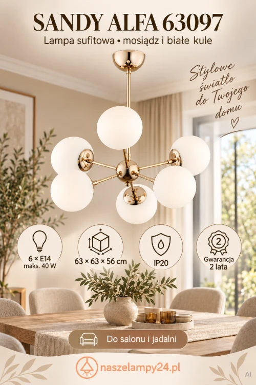 Lampa z białymi kulami nad stół? Poznaj SANDY Alfa 63097. Sześć szklanych kloszy i metalowa armatura w kolorze mosiądzu tworzą efektowną oprawę o wymiarach 63 × 63 × 56 cm. Gwarancja 2 lata.