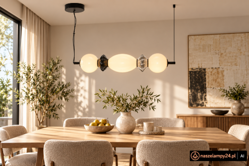 BALOS PND-94921-4A-BK to nowoczesna lampa sufitowa Italux o poziomej konstrukcji i czarnej oprawie. Cztery świecące elementy tworzą wyrazisty akcent nad stołem lub wyspą kuchenną.