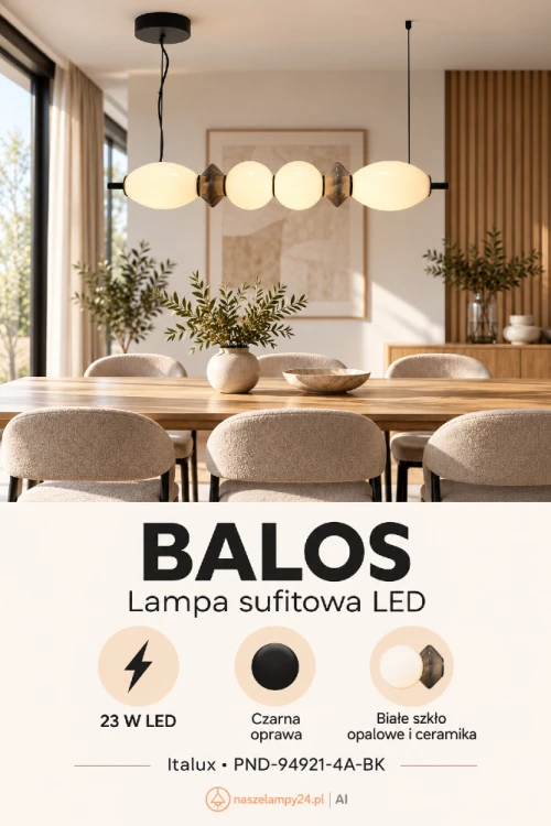Czarna lampa wisząca BALOS PND-94921-4A-BK łączy szkło opalowe, ceramikę i zintegrowane LED 23W. Jej podłużna forma pasuje do nowoczesnej kuchni, jadalni i salonu.