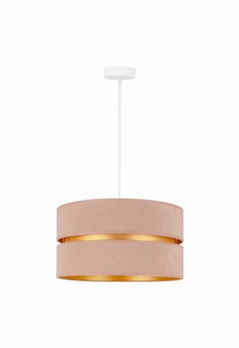 Lampa wisząca DUO z beżowym abażurem o zamszowym wykończeniu i złotym wnętrzem. Dwupoziomowy klosz ma średnicę 40 cm i wysokość 22 cm. Zwis 100 cm, trzonek E27.