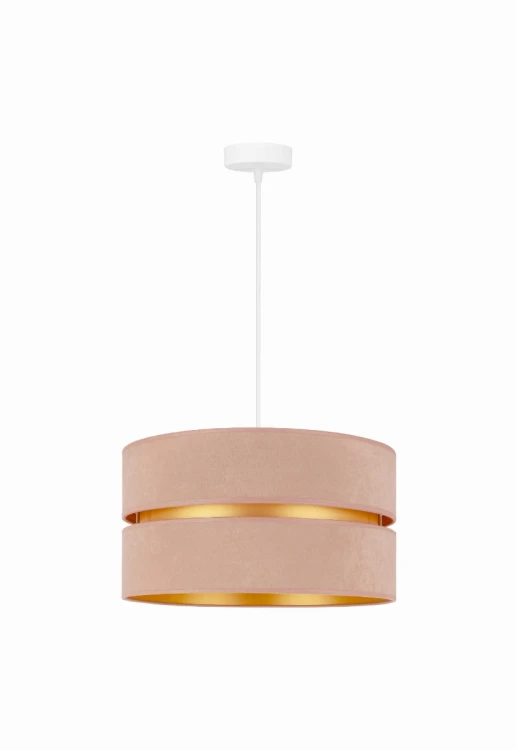 Lampa wisząca DUO z beżowym abażurem o zamszowym wykończeniu i złotym wnętrzem. Dwupoziomowy klosz ma średnicę 40 cm i wysokość 22 cm. Zwis 100 cm, trzonek E27.