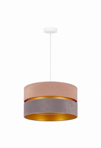 Lampa wisząca DUO z beżowo-szarym abażurem o zamszowym wykończeniu i złotym wnętrzem. Dwupoziomowa forma pasuje nad stół w jadalni. Średnica 40 cm, wysokość abażuru 22 cm, zwis 100 cm, E27.
