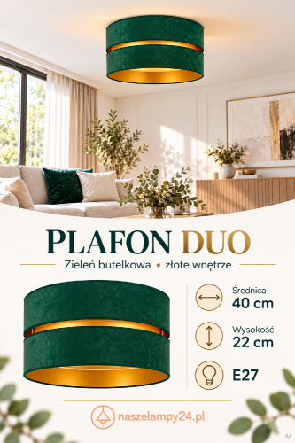 Plafon DUO łączy głęboką zieleń ze złotym detalem między częściami abażuru. Okrągła lampa montowana przy suficie pasuje do jasnych wnętrz. Wymiary: Ø 40 × 22 cm. Źródło światła: E27.