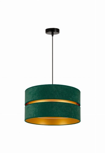 Zielona lampa wisząca DUO ze złotym wnętrzem i czarnym zwisem. Dwupoziomowy abażur w kolorze zieleni butelkowej sprawdzi się nad stołem w jadalni. Ø 40 cm, wysokość abażuru 22 cm, zwis 100 cm, E27.