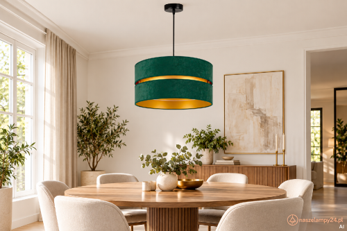 Lampa wisząca DUO łączy zieleń butelkową ze złotym detalem między częściami abażuru. Pasuje do salonu i jadalni. Abażur Ø 40 × 22 cm, czarny zwis 100 cm, trzonek E27.