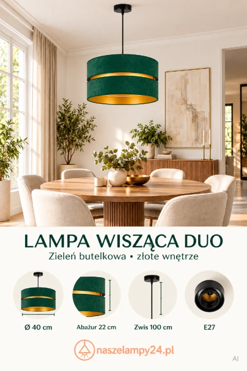 Szukasz zielonej lampy nad stół? DUO ma dwupoziomowy abażur ze złotym wnętrzem oraz czarny przewód i podsufitkę. Średnica abażuru wynosi 40 cm, wysokość 22 cm, a zwis 100 cm. E27.