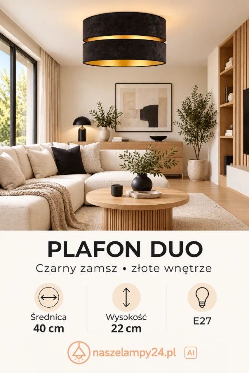 Szukasz czarnego plafonu do salonu? DUO 80276 marki Duolla wyróżnia się zamszowym abażurem i złotym wnętrzem. Lampa ma średnicę 40 cm, wysokość 22 cm i oprawkę na jedną żarówkę E27.