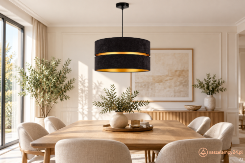 Lampa wisząca DUO łączy czarny, dwupoziomowy abażur ze złotym detalem. Czarny przewód i podsufitka dopełniają jej wygląd. Średnica 40 cm, wysokość abażuru 22 cm, zwis 100 cm, E27.