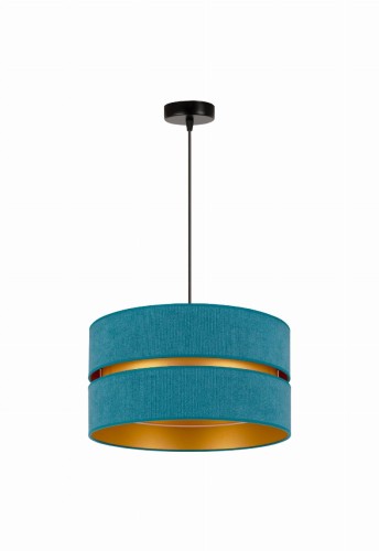Lampa DUO to elegancka oprawa oświetleniowa w kolorze turkusowym ze złotym wnętrzem. Idealna do salonu, jadalni i sypialni. Klosz Ø 40 cm, wysokość 22 cm, zwis 100 cm. Gniazdo E27, polska produkcja, nowoczesny design i wyjątkowy klimat w każdym wnętrzu.