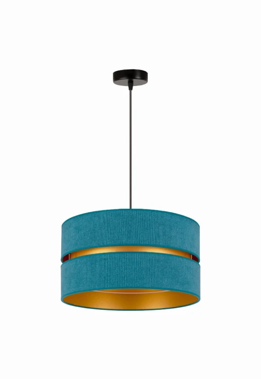 Lampa DUO to elegancka oprawa oświetleniowa w kolorze turkusowym ze złotym wnętrzem. Idealna do salonu, jadalni i sypialni. Klosz Ø 40 cm, wysokość 22 cm, zwis 100 cm. Gniazdo E27, polska produkcja, nowoczesny design i wyjątkowy klimat w każdym wnętrzu.