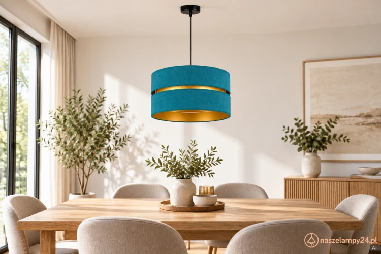 Turkusowa lampa sufitowa DUO 80306 ożywi salon, jadalnię lub kuchnię. Zamszowy klosz ze złotym wnętrzem ma średnicę 40 cm i wysokość 22 cm. Zwis ma długość 100 cm, a oprawka E27 umożliwia dobór żarówki