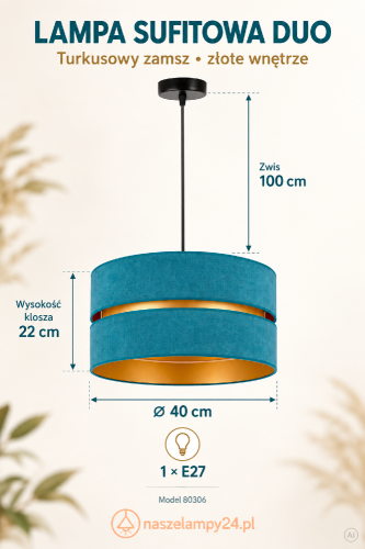 Lampa DUO 80306 to turkusowy zamszowy abażur ze złotym wnętrzem. Dwupoziomowy klosz o średnicy 40 cm dobrze prezentuje się nad stołem. Wysokość klosza wynosi 22 cm, długość zwisu 100 cm. Oprawa jest przeznaczona na żarówkę E27.