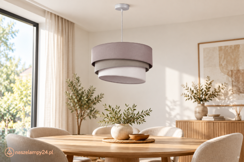 MONOCOLOR TRIO to lampa sufitowa z bawełnianym abażurem w trzech stonowanych kolorach: popielatym, szałwiowym i szarym. Jej kaskadowa forma pasuje do jadalni, salonu i sypialni. Wysokość abażuru 45 cm, maksymalna wysokość 120 cm, 1 × E27.