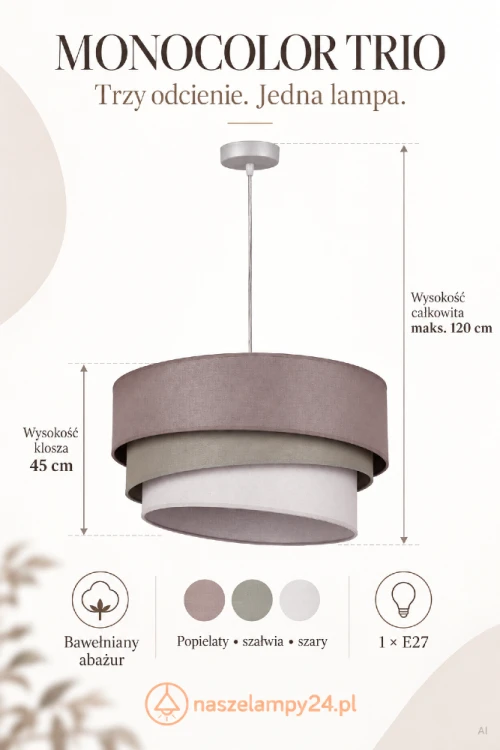 Trzy kolory i jeden bawełniany abażur: lampa MONOCOLOR TRIO łączy popiel, szałwię oraz szarość. Zawieś ją nad stołem lub w strefie wypoczynku. Wysokość abażuru wynosi 45 cm, wysokość całkowita sięga maks. 120 cm. Oprawa na żarówkę E27.