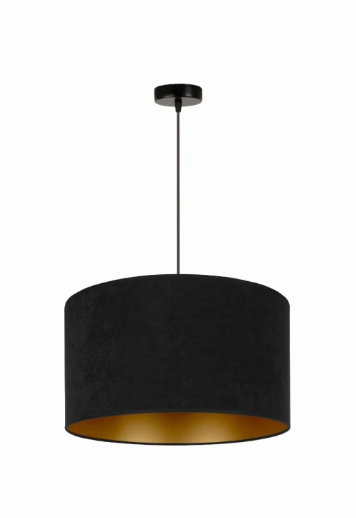 Lampa sufitowa ROLLER 81259 z czarnym zamszowym abażurem i złotym wnętrzem. Prosta forma pasuje do salonu, sypialni i jadalni. Oprawka 1 × E27 pozwala dobrać żarówkę do potrzeb.