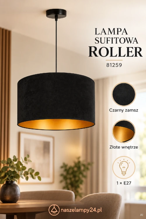Lampa ROLLER 81259 to czarny zamszowy abażur ze złotym wykończeniem od środka. Jej oszczędny kształt uzupełni nowoczesną jadalnię, salon lub sypialnię. Oprawka: 1 × E27.