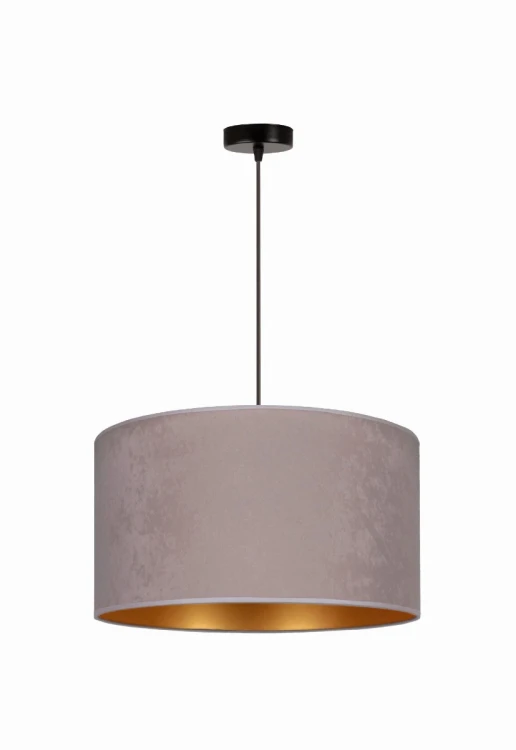 Lampa sufitowa ROLLER Duolla 81242 łączy szary zamszowy abażur ze złotym wnętrzem. Okrągła forma sprawdzi się nad stołem w jadalni oraz w salonie. Źródło światła: 1 × E27.