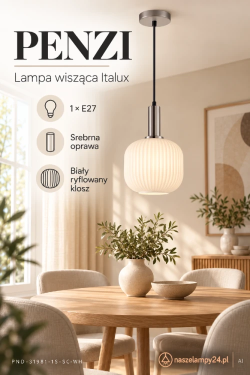Lampa sufitowa PENZI Italux to elegancka propozycja z białym żebrowanym kloszem i srebrną oprawą. Wykonana z metalu i szkła, idealna do salonu, kuchni czy jadalni. Pasuje na 1xE27 max 40W. Możliwość regulacji wysokości do 106 cm