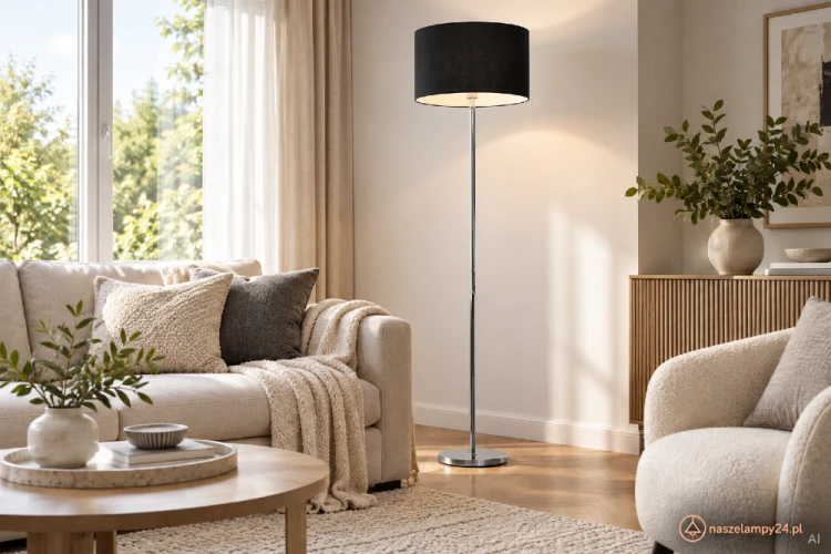 CASINO ML6382 to lampa podłogowa z czarnym abażurem i smukłą chromowaną nogą. Model Milagro o wysokości 155 cm pasuje do salonu, sypialni i gabinetu. Źródło światła: 1 × E27.