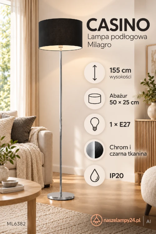 Szukasz lampy podłogowej do salonu? CASINO Milagro łączy chromowany metal z czarnym abażurem z tkaniny. Ma 155 cm wysokości, oprawkę na żarówkę E27 i stopień ochrony IP20.