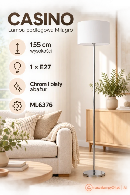 Lampa stojąca CASINO Milagro z białym abażurem doświetli strefę wypoczynku lub kącik do czytania. Chromowana podstawa nadaje jej lekką formę. Wysokość 155 cm, gwint E27, model ML6376.
