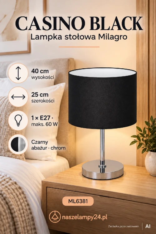 Szukasz czarnej lampki nocnej? CASINO BLACK marki Milagro łączy tkaninowy abażur z metalową podstawą w kolorze chromu. Model ML6381 ma 40 cm wysokości i 25 cm szerokości.