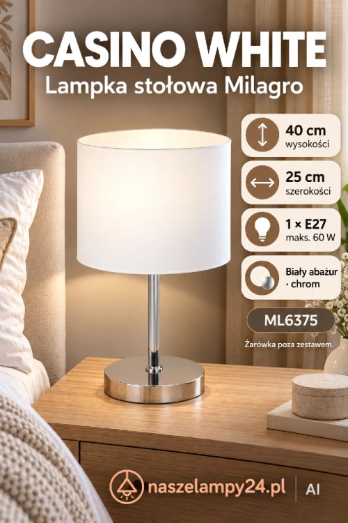 Szukasz białej lampki nocnej? CASINO WHITE marki Milagro ma 40 cm wysokości, 25 cm szerokości oraz oprawkę E27. Chromowana podstawa i tkaninowy abażur pasują do jasnej sypialni.