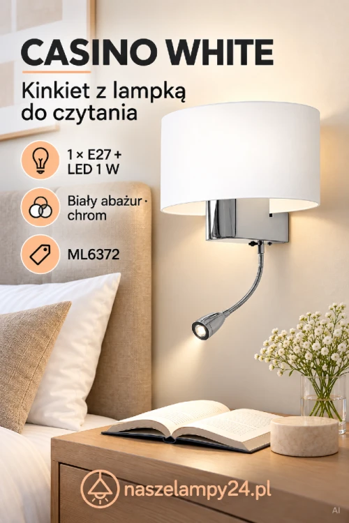 Biały kinkiet CASINO WHITE marki Milagro ma dwa źródła światła: oprawkę E27 pod abażurem oraz dodatkową lampkę LED 1 W. To praktyczne oświetlenie przy łóżku.