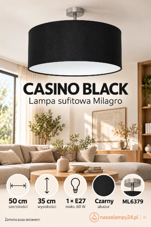 Szukasz czarnej lampy sufitowej do salonu? CASINO BLACK marki Milagro łączy tkaninowy abażur o szerokości 50 cm z krótkim chromowanym trzpieniem. Model ML6379 ma oprawkę E27.