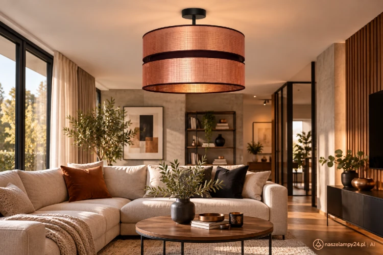 COPPER 1xE27 40 cm to stylowa lampa sufitowa z miedzianym abażurem z organzy i dekoracyjnym wzorem kropek. Nowoczesne oświetlenie do salonu, jadalni i gabinetu. 230V, IP20.
