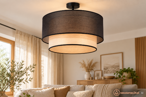 Nowoczesna lampa sufitowa WOOD BOHO 1xE27 czarna z jasnym fornirem jesion. Metal, organza i naturalne drewno tworzą ciepły klimat wnętrza. Średnica 45 cm, IP20, 230V. Idealna do przytulnych, naturalnych aranżacji.
