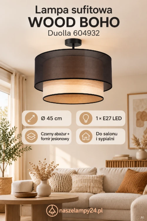 Duolla WOOD BOHO 604932 – stylowa lampa sufitowa z czarną konstrukcją i jesionowym fornirem. Dwuwarstwowy abażur z organzy daje miękkie światło. 1xE27 LED, 45 cm średnicy. Doskonała do salonu i sypialni.