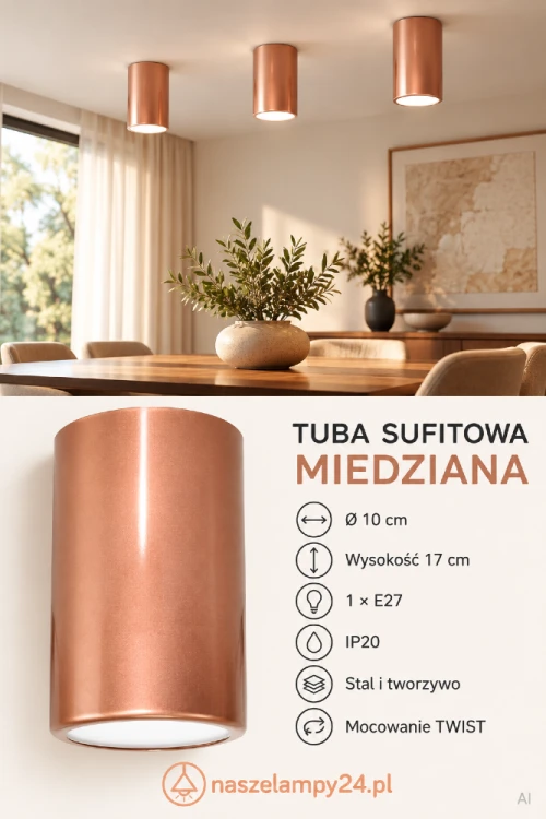 Tuba sufitowa miedziana 1×E27 pasuje do wnętrz nowoczesnych i loftowych. Stalowa obudowa jest malowana proszkowo, a mocowanie TWIST nie pozostawia widocznych śrub. Wymiary: Ø10 × 17 cm
