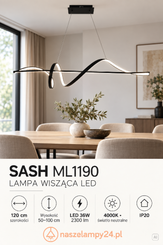Szukasz lampy nad wyspę kuchenną? SASH ML1190 Milagro łączy smukłą, falistą formę z neutralnym światłem LED 4000K. Ma moc 36W, szerokość 120 cm i regulowaną wysokość zawieszenia.