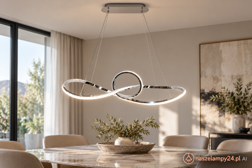 Chromowana lampa LED MARCO ML8117 sprawdzi się nad stołem w jadalni, wyspą kuchenną lub barkiem. Ma 73 cm szerokości, 25 cm głębokości i regulowany zwis 50–100 cm. Barwa światła: neutralna 4000K.