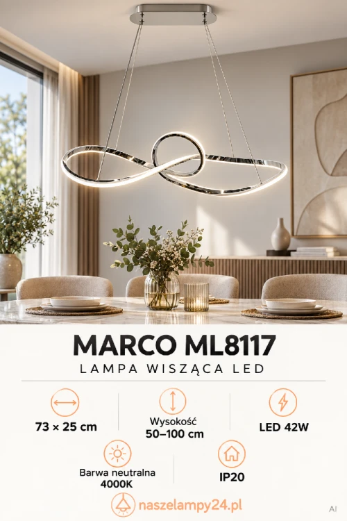 MARCO ML8117 to nowoczesna lampa wisząca Milagro o płynnej, chromowanej formie. Zintegrowane źródło LED 42W zapewnia światło 4000K. Oprawa ma wymiary 73 × 25 cm, regulowaną wysokość i IP20.