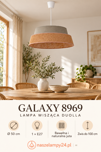 Galaxy to stylowa lampa wisząca z juty i bawełny. Średnica 50 cm, wysokość 20 cm, zwis 100 cm. Oprawka 1xE27 pozwala dobrać barwę światła. Doskonała do wnętrz boho, japandi i nowoczesnych aranżacji.