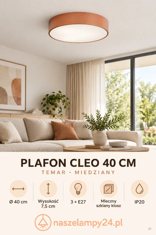 Plafon sufitowy CLEO Ø40 cm łączy miedzianą stalową obudowę z mlecznym szkłem. Trzy żarówki E27 pozwalają dobrać barwę światła do wnętrza. Okrągła oprawa Temar ma 7,5 cm wysokości.