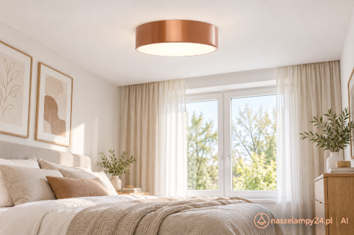 Plafon sufitowy CLEO 30 cm łączy miedzianą obudowę z kloszem ze szkła hartowanego. Zintegrowany LED 24W zapewnia 2750 lm światła o barwie 3000K. Producent: Temar.