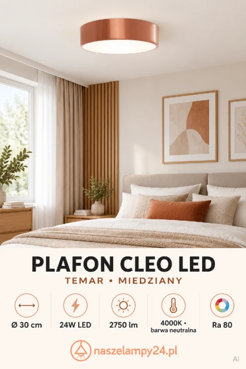 Szukasz lampy sufitowej bez zwisu? Miedziany plafon CLEO Temar ma średnicę 30 cm i zintegrowany LED 24W. Ciepłe światło 3000K i strumień 2750 lm sprawdzą się w codziennym użytkowaniu.