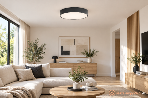 Plafon sufitowy CLEO 40 cm to niska, okrągła lampa LED w kolorze antracytowym. Wysokość 7,5 cm, moc 43W i strumień 4750 lm. Ciepła barwa 3000K pasuje do salonu lub sypialni.
