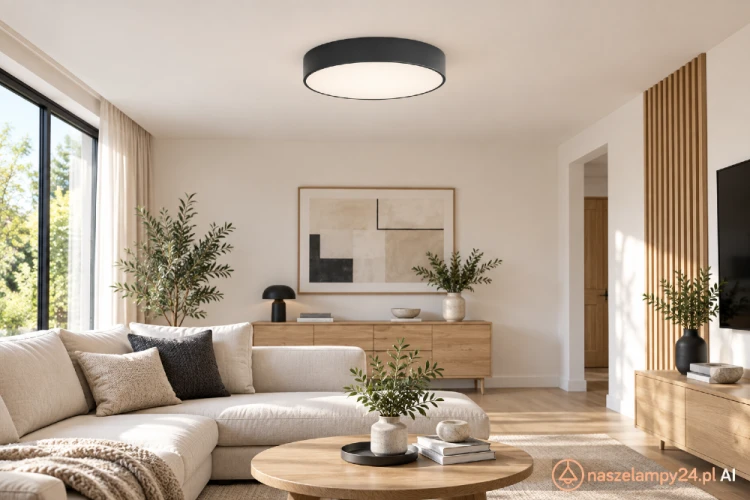 Plafon sufitowy CLEO 40 cm to niska, okrągła lampa LED w kolorze antracytowym. Wysokość 7,5 cm, moc 43W i strumień 4750 lm. Ciepła barwa 3000K pasuje do salonu lub sypialni.
