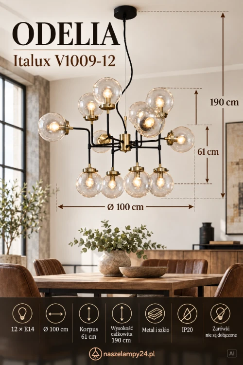 ODELIA V1009-12 to duża lampa loftowa nad stół, do salonu lub jadalni. Ma 12 punktów światła E14, szklane klosze i średnicę 100 cm. Żarówki LED można dobrać osobno do potrzeb wnętrza.