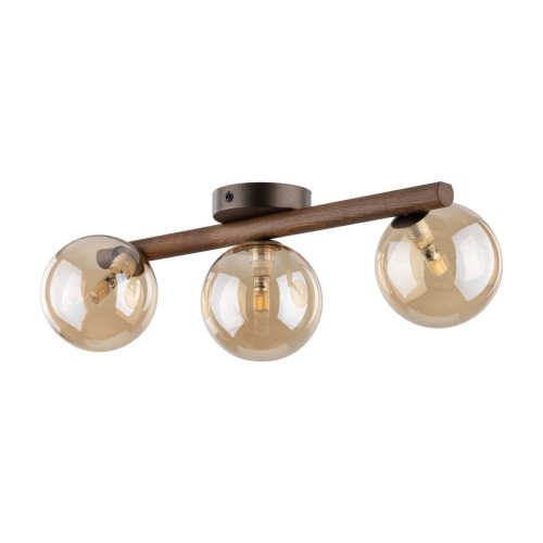 ESTERA WOOD TK-Lighting 11093 to lampa sufitowa z drewnem w kolorze orzecha i trzema bursztynowymi kloszami. Sprawdzi się w sypialni, salonie i przedpokoju. Źródła światła: 3 × G9 LED