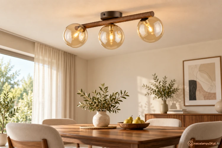 Lampa ESTERA WOOD 3 × G9 łączy brązową konstrukcję, drewno w kolorze orzecha i bursztynowe szkło. Można zamontować ją na suficie lub ścianie. Wymiary: 47 × 23 × 17 cm. Żarówki są sprzedawane osobno.