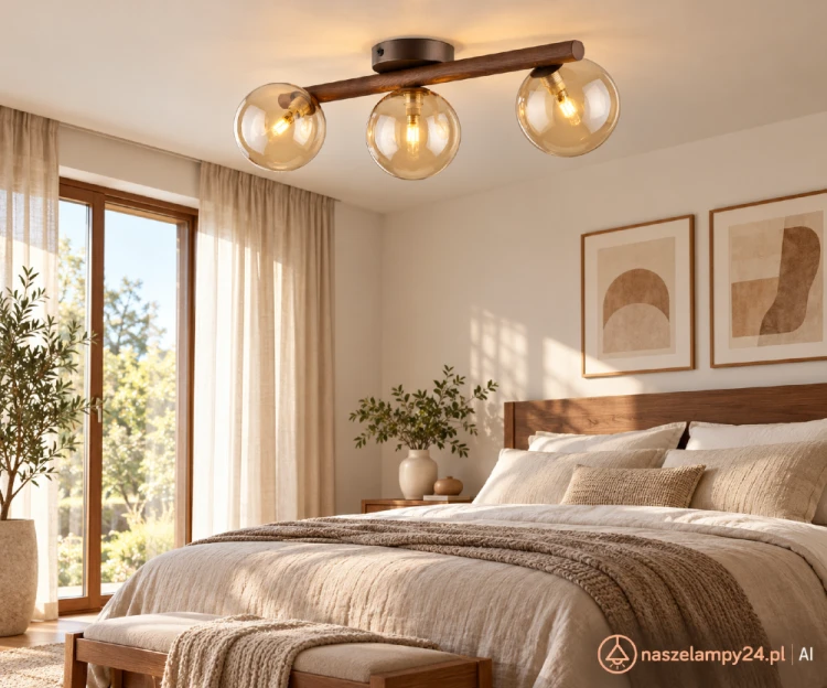 Szukasz lampy do przytulnej sypialni? ESTERA WOOD TK-Lighting ma trzy bursztynowe szklane kule i drewniany element w kolorze orzecha. Pasuje do wnętrz skandynawskich. Oprawa 3 × G9 LED, IP20.