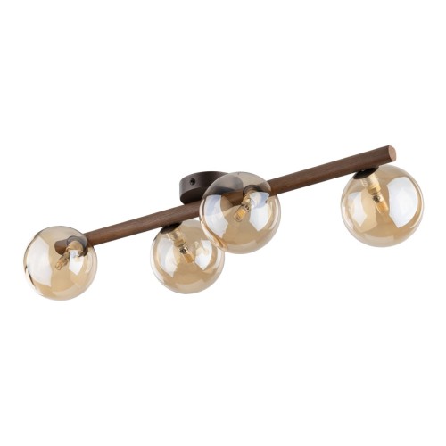 Lampa sufitowa ESTERA WOOD TK-Lighting 11094 ma cztery bursztynowe szklane klosze i drewnianą belkę w kolorze orzecha. Długość 65 cm sprawia, że pasuje do salonu, sypialni i jadalni.