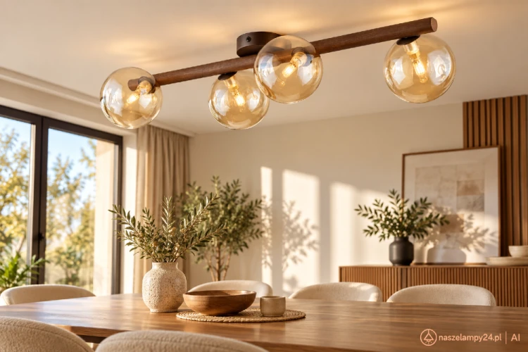 Szukasz lampy z bursztynowymi kloszami? ESTERA WOOD TK-Lighting 11094 ma cztery punkty światła G9, drewniany element w kolorze orzecha i wymiary 65 × 23 × 17 cm. Sprawdzi się w sypialni i salonie