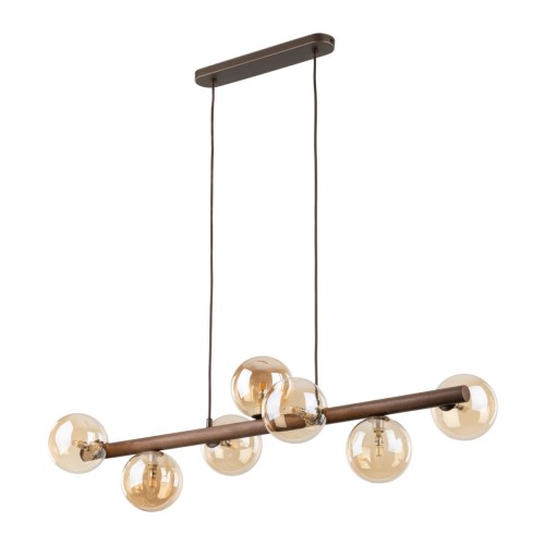 Lampa wisząca ESTERA WOOD TK-Lighting 11096 ma siedem bursztynowych szklanych kloszy i drewnianą belkę w kolorze orzecha. Dzięki długości 90 cm sprawdzi się nad stołem w jadalni lub wyspą kuchenną.